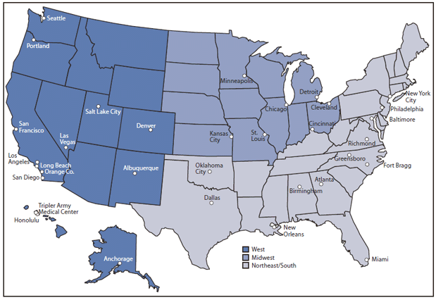 The figure shows sentinel sites participating in the Gonococcal Isolate Surveillance Project in the United States during 2000-2010. The South and Northeast regions were combined because fewer samples are collected in the eastern half of the country compared with the western half.